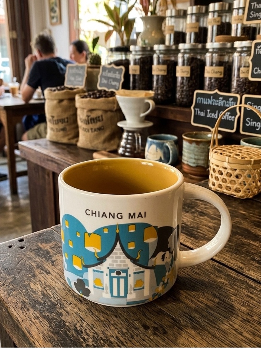 Starbucks Chiang Mai Ceramic Mug - Yellow Interior with Blue Graphics